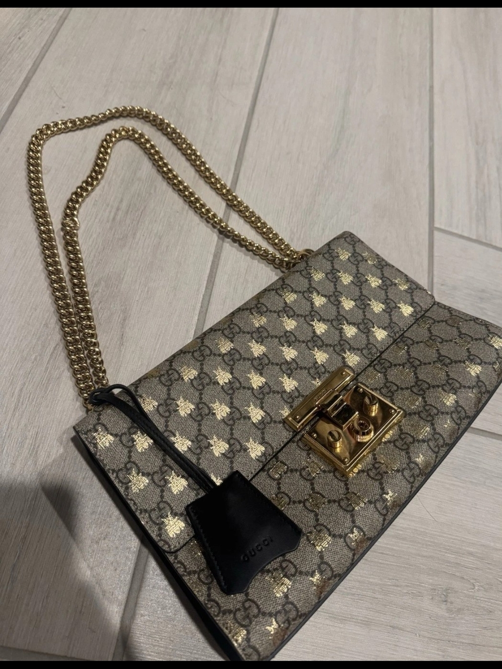 Gucci Brown GG Supreme Bee Print Chain Shoulder Bag with Gold Hardware